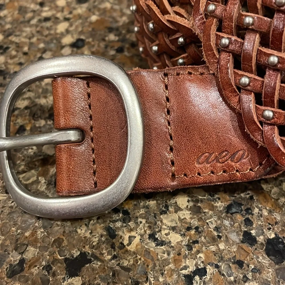 American Eagle Women’s Brown Leather Braided Silver Buckle Studs Belt S M